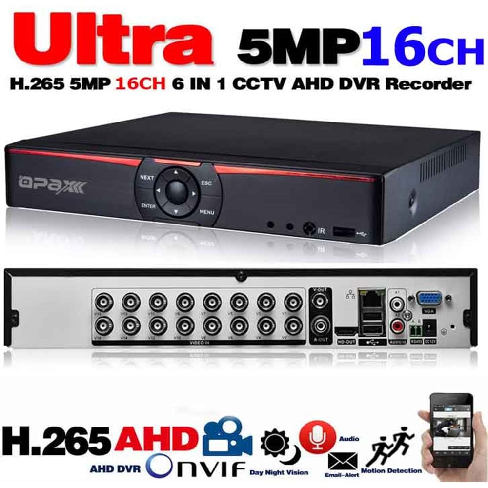 OPAX-16620 16 KANAL 5MP H265+ XVI 6 IN 1 DVR KAYIT CİHAZI 2 HDD XMYE HISILICON