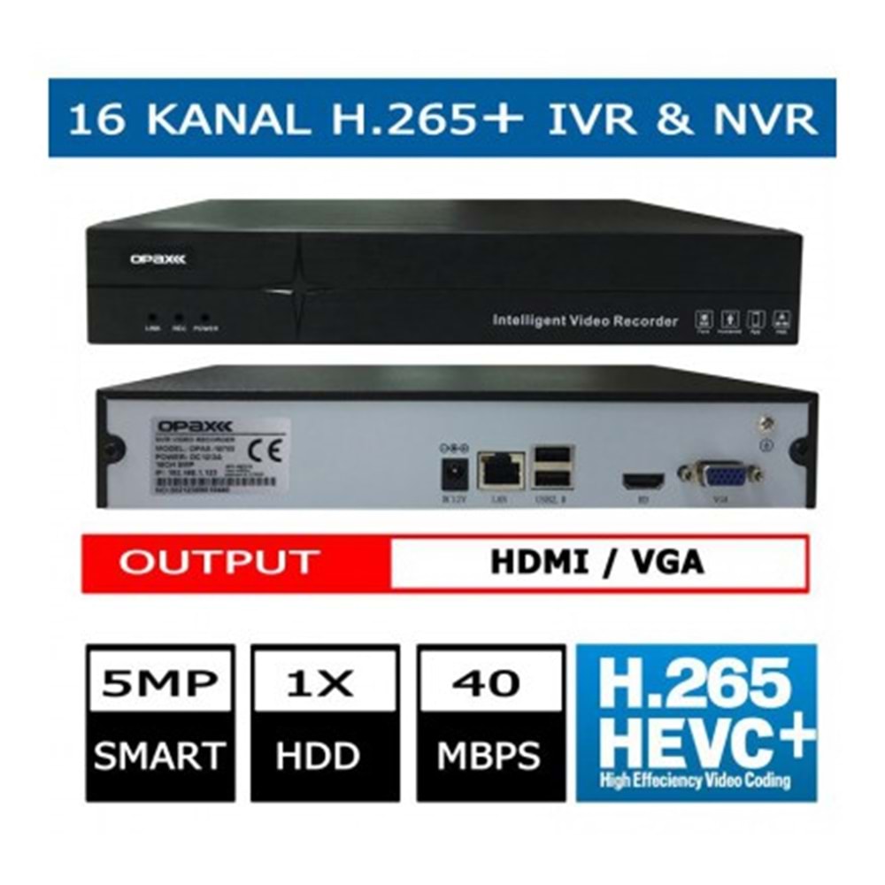 OPAX-16750 16 Kanal 5 MP 1 HDD H.265+ SMART IVR NVR Kayıt Cihazı HISILICON (Adaptörsüz)