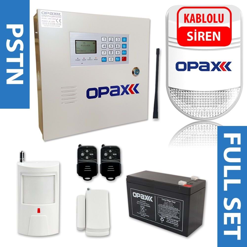 OPAX-2545 PSTN PANEL & BGR-10 KABLOLU SİRENLİ FULL ALARM SETİ AKÜ DAHİL ( 2545+BGR-10+AKÜ)