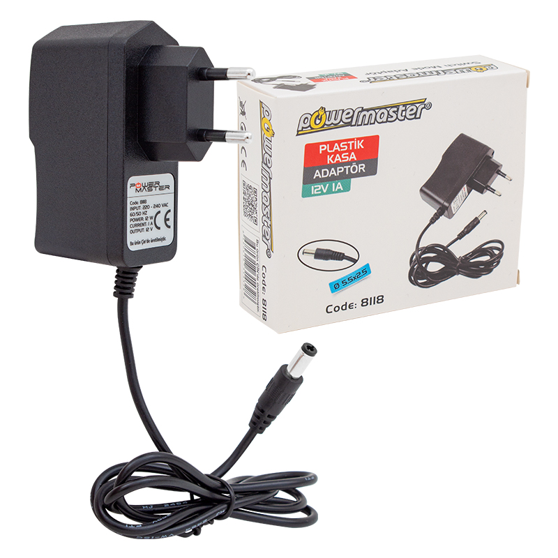 POWERMASTER PM-8118 12 VOLT - 1.2 AMPER PRİZ TİPİ PLASTİK ADAPTÖR 5.5*2.5 UÇ
