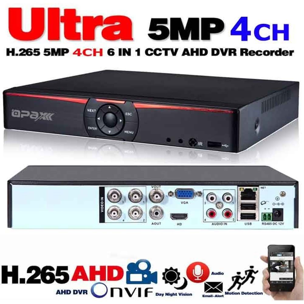 OPAX-4420 4 KANAL 5MP H265X XVI 6 IN 1 DVR XMYE (AHD/TVI/CVI/CVBS/IP) HISILICON