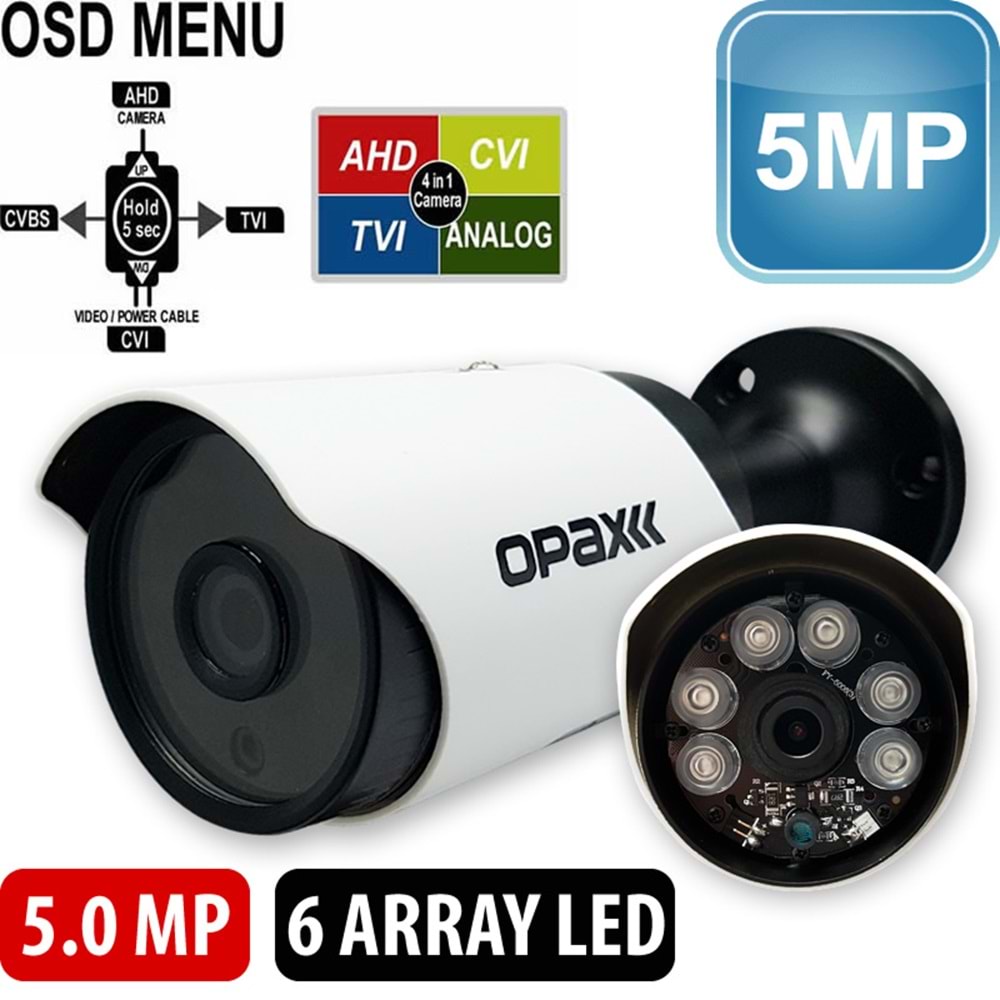 OPAX-5562 5 MP 2608x1952 3.6 MM Lens 6 Array Led OSD Menü 4 in 1 AHD Bullet Kamera