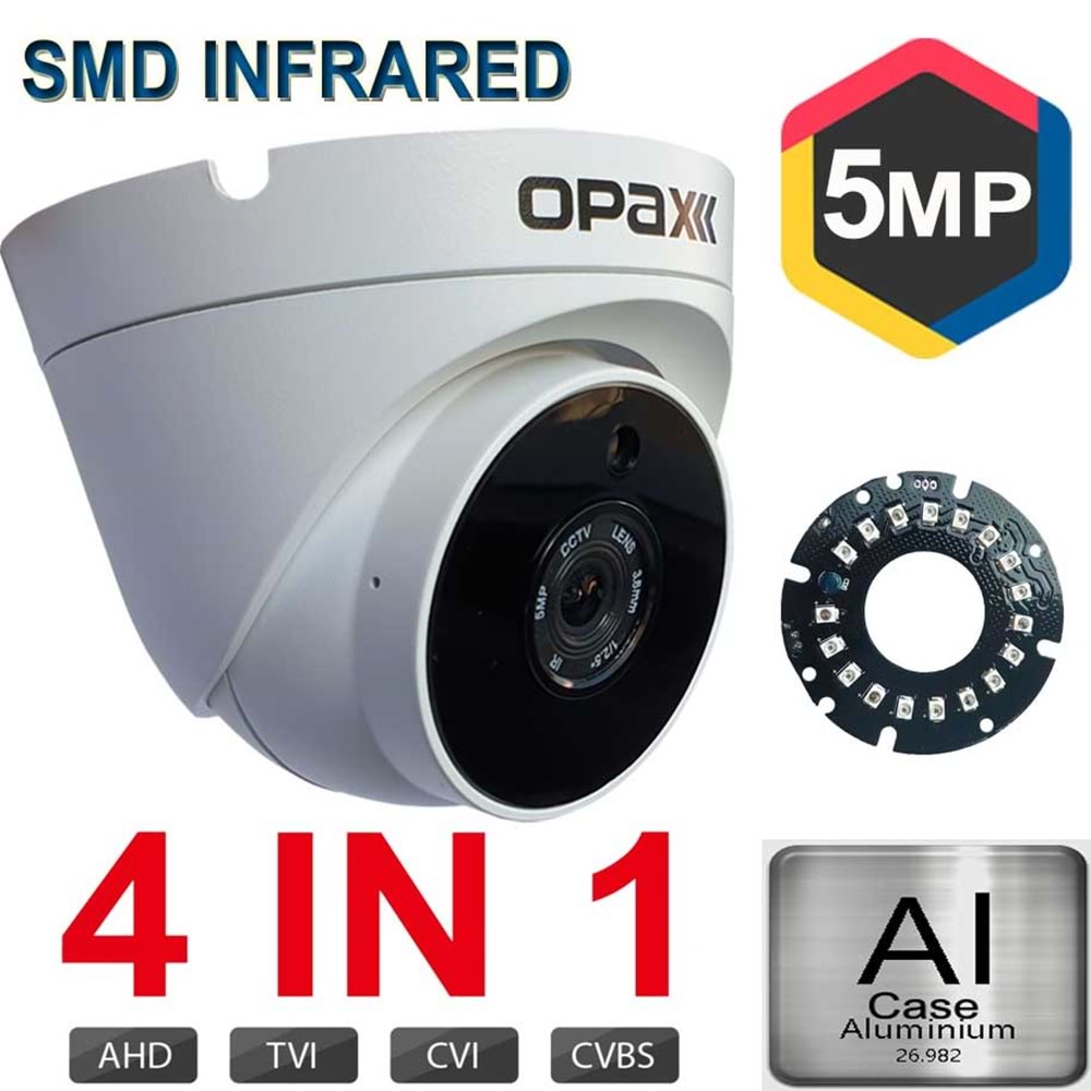 OPAX-3662 5 MP 2608x1952 3.6 MM 18 SMD LED OSD MENÜ 4 IN 1 AHD METAL DOME KAMERA