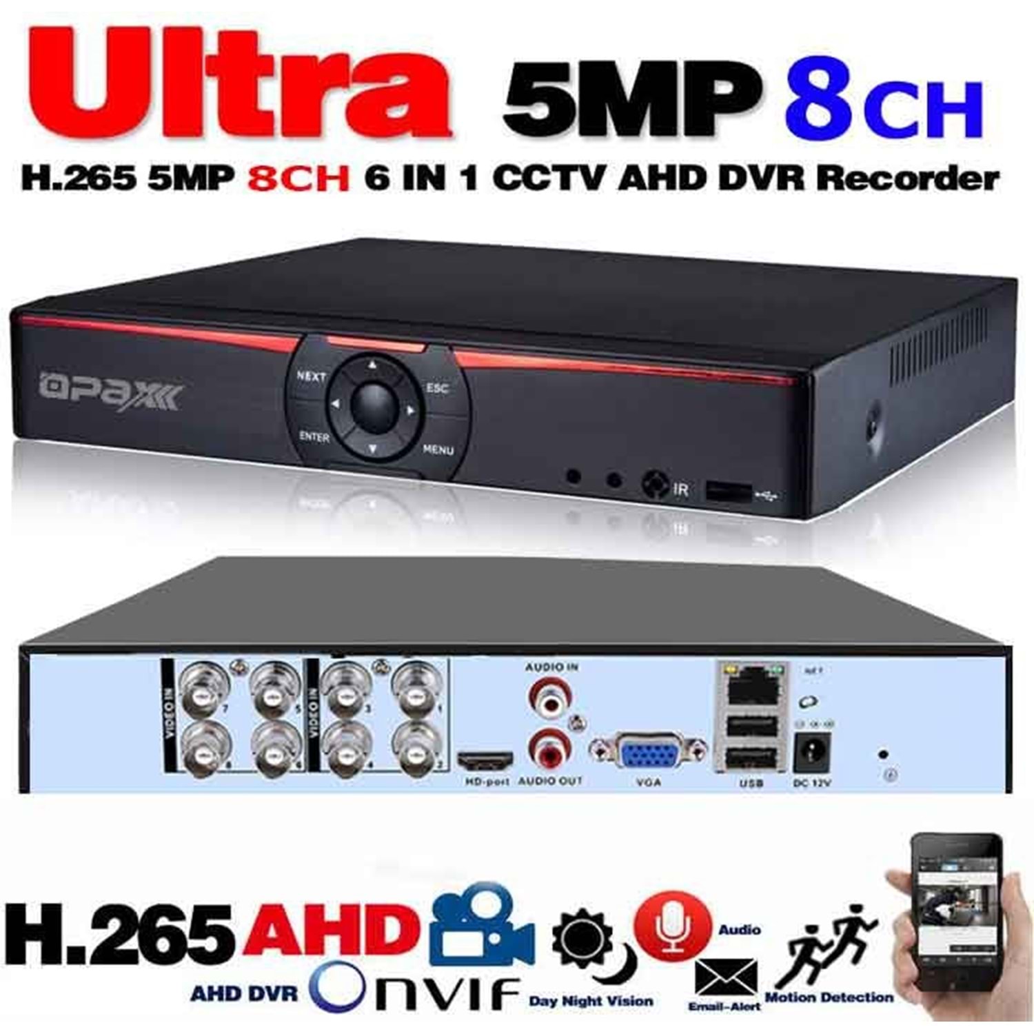 OPAX-8820 8 KANAL 5MP H265+ DVR 6 IN 1 DVR XMEYE (AHD/TVI/CVI/CVBS/IP) HISILICON