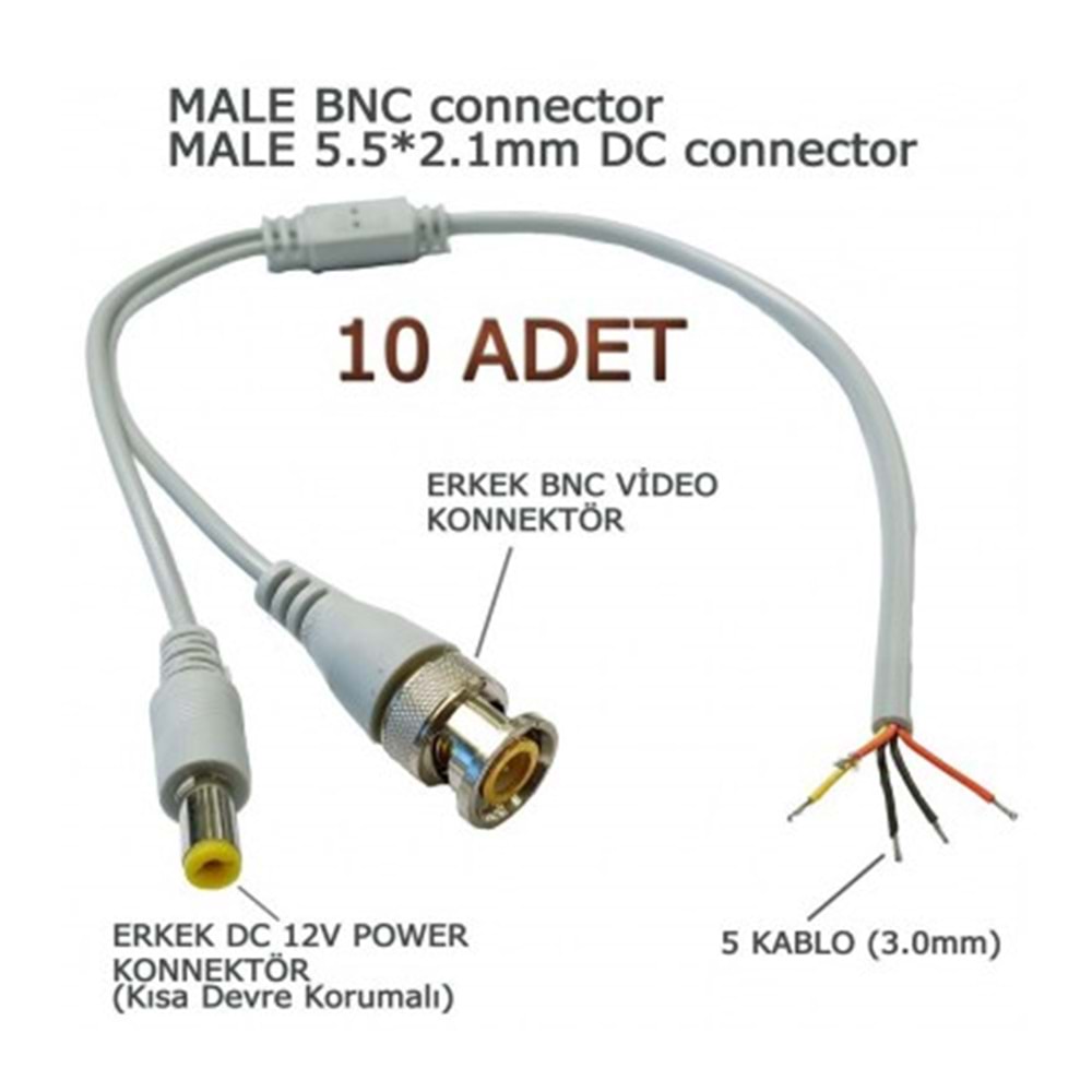 10 ADET 30CM GRİ PİNSİZ ERKEK BNC-ERKEK POWER DC GÜVENLİK KAMERA KABLOSU (10 ADET)